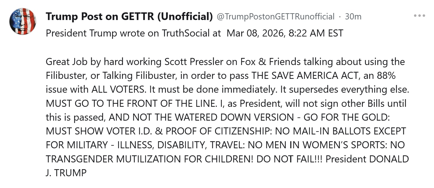 【美国之声--“不通过《拯救美国法案》，国会其他法案我都不签”】2026年3月8日川普总统：

勤奋工作的斯科特·普雷斯勒（Scott Pressler） 在《Fox & Friends》节目上的表现...