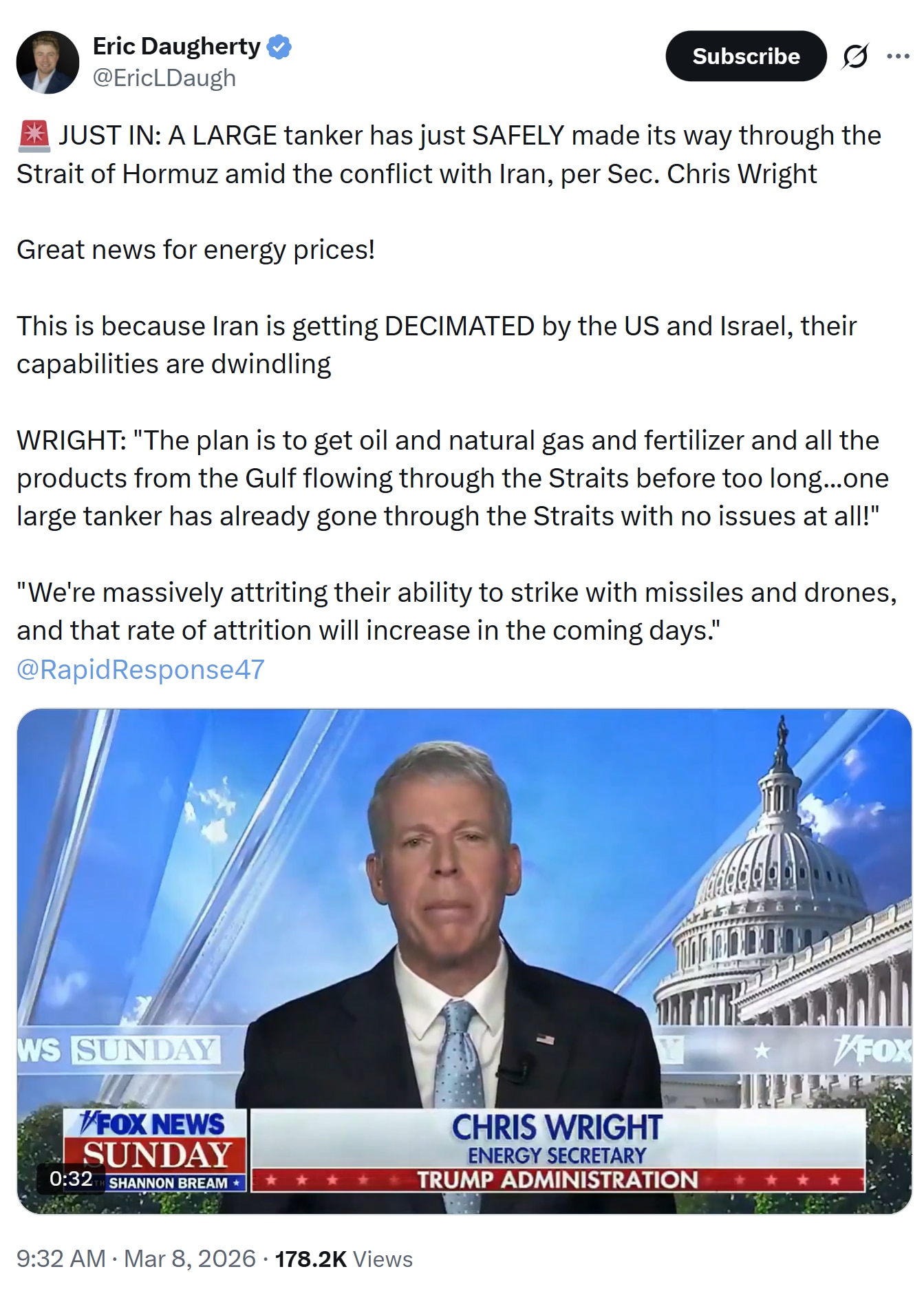 【美国之声--油价要跌了？！ “一艘大型油轮已安全通过霍尔木兹海峡”】能源部長克里斯·赖特（Chris Wright）：
 
计划是在不久的将来，让波斯湾的石油、天然气、化肥以及所有产品顺利通过霍尔木...