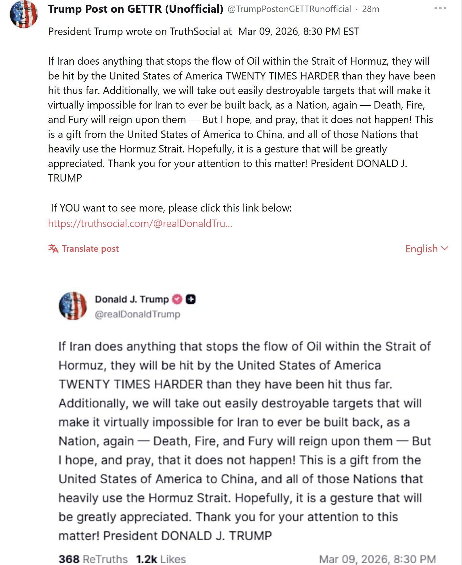 【美国之声--川普警告伊朗勿封锁霍尔木兹海峡，也警告中共国对此要感恩】2026年3月9日川普总统：

如果伊朗采取任何行动阻止石油流经霍尔木兹海峡，美国对伊朗的打击力度将是迄今为止的二十倍。而且，我们...