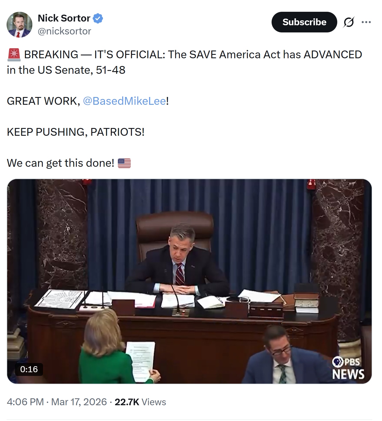 【美国之声】2026年3月17日，联邦参议院以51比48票通过程序性投票，同意开始对众议院通过的《拯救美国法案》“SAVE America Act”进行辩论。

#拯救美国法案 #美国之声
