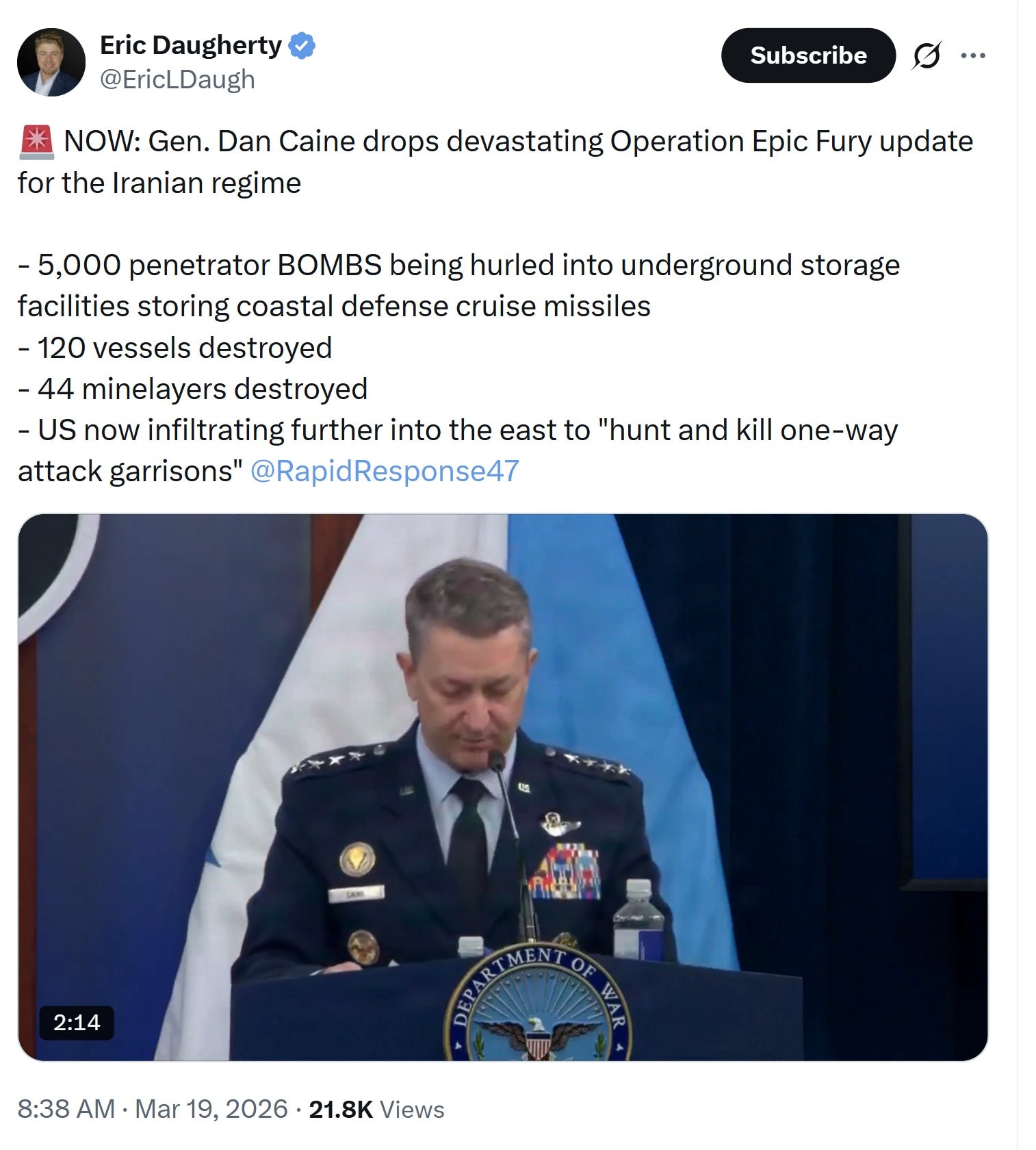 【美国之声--对伊朗军事行动更新】2026年3月19日美国参谋长联席会议主席凯恩将军就"史诗怒火行动"发布重大更新：伊朗政权遭受重创，

1. 5,000枚穿透炸弹投入地下储存设施，摧毁其沿海防御巡航...