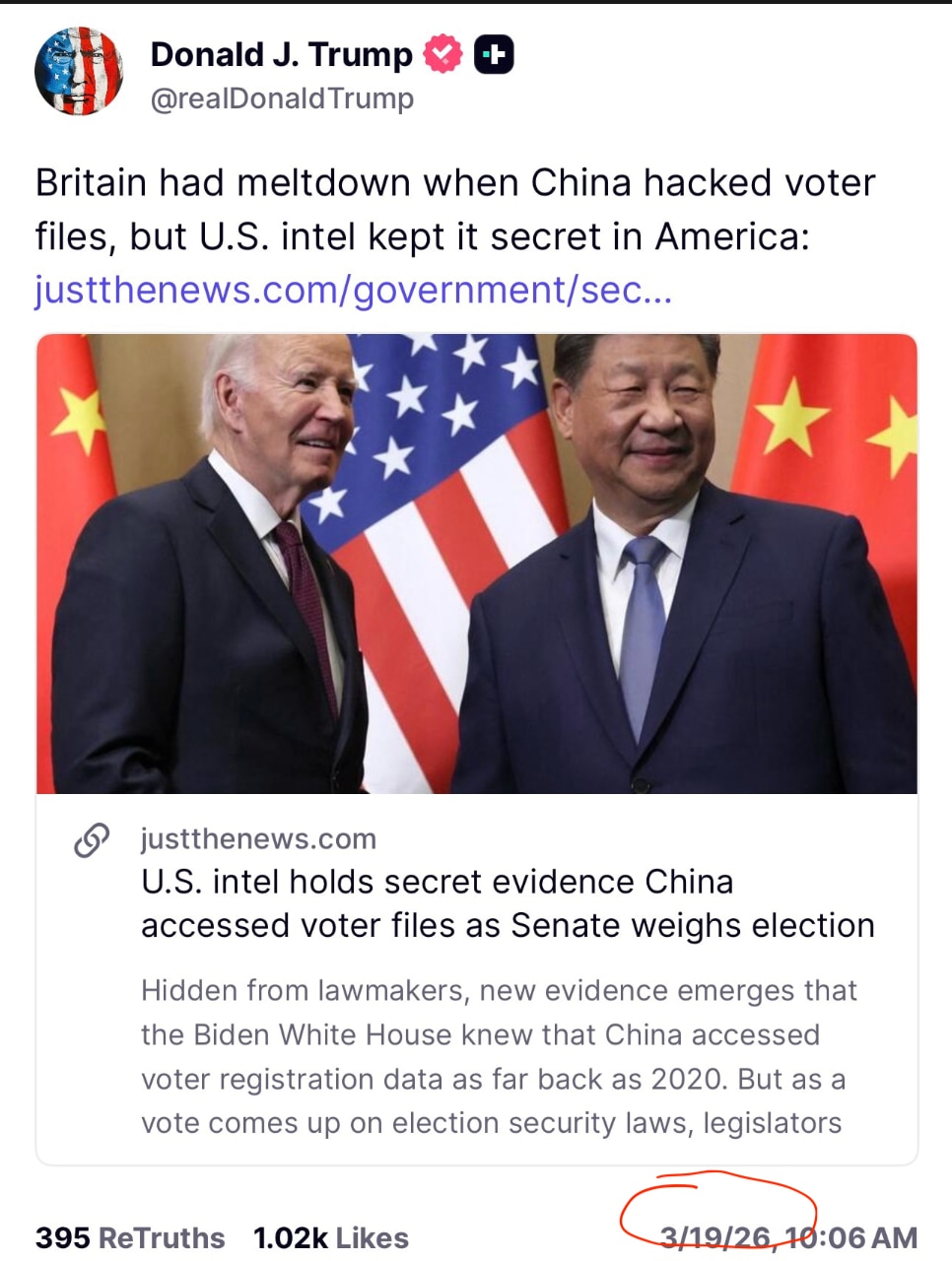 川普总统今天再次发帖，引用justthenews的报道，揭露中共干预美国大选。

同时SCIF揭露Dominion 投票机一直都可以远程访问，无需任何黑客攻击，因为这是其操作系统中内置的功能。中共可以...