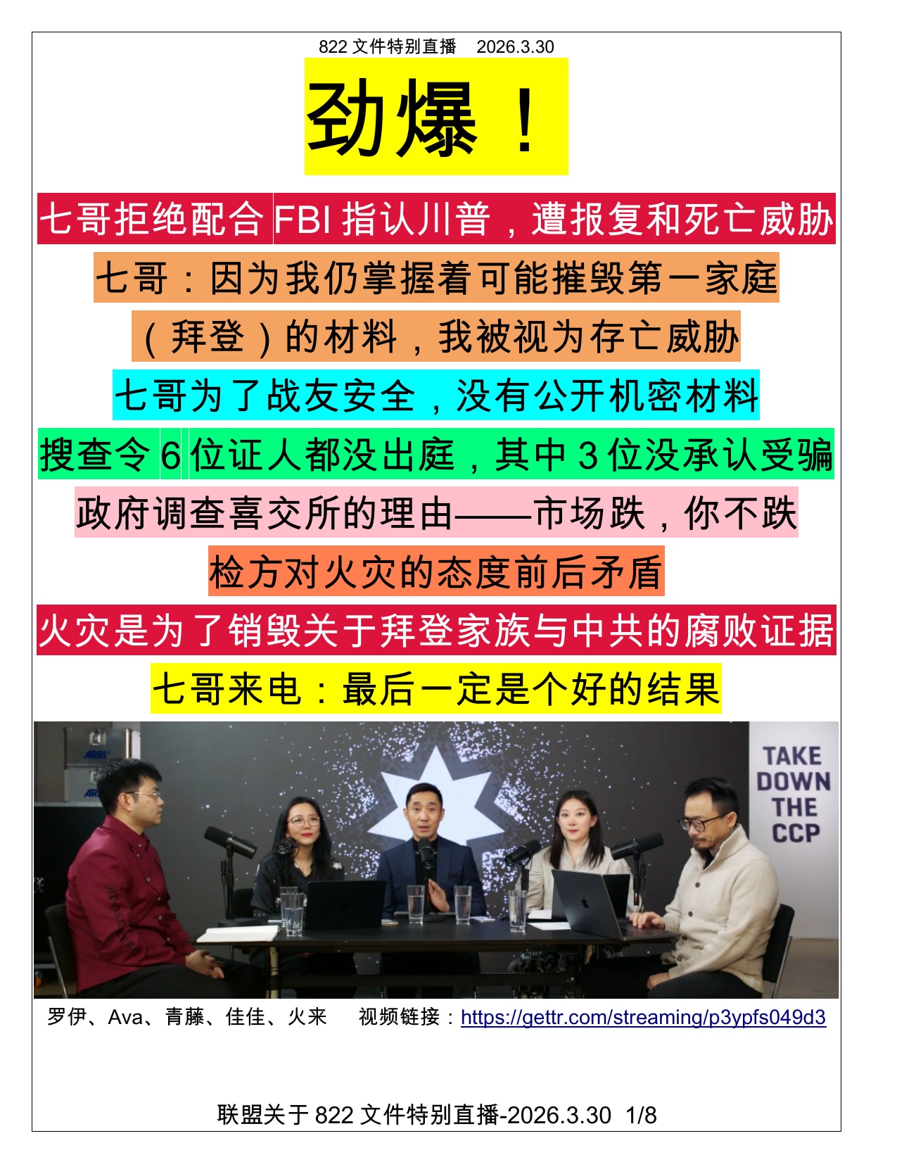 2026年3月30日，罗伊、Ava、青藤、佳佳、火来做了最新的822文件特别直播（第七期），内容非常劲爆：（共8页， 7-8见评论区）

1️⃣  FBI逼七哥指认班农、川普🇺🇸 ，七哥拒绝🫷 ...
