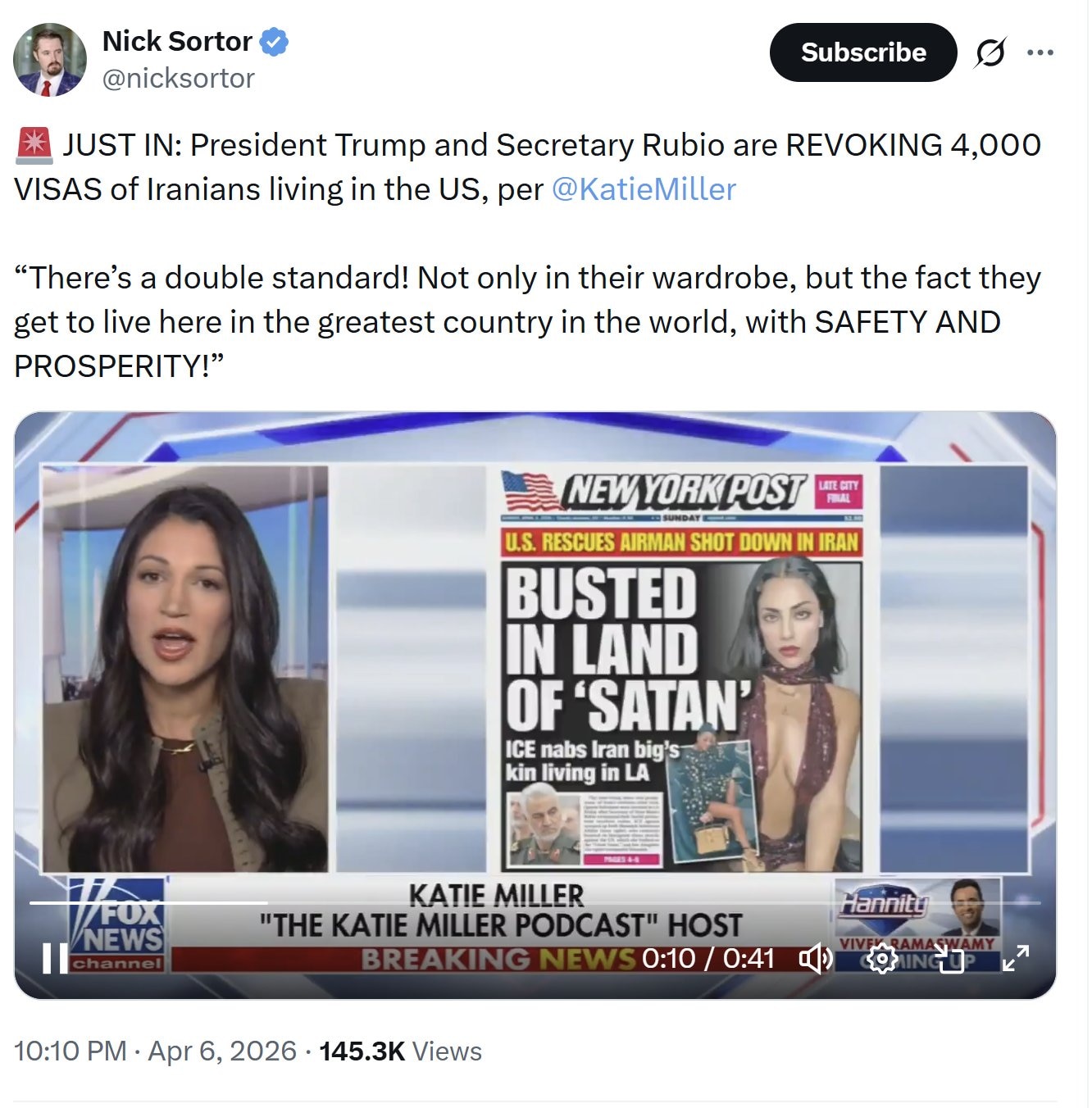 【美国之声】2026年4月6日凯蒂·米勒：

川普总统和卢比奥国务卿正努力撤销目前居住在美国近3,000至4,000名伊朗政权精英的签证，不再让这些人继续享有这种特权！

这些伊朗政权精英存在明显的“...