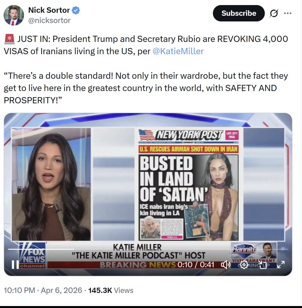 【美国之声】2026年4月6日凯蒂·米勒：

川普总统和卢比奥国务卿正努力撤销目前居住在美国近3,000至4,000名伊朗政权精英的签证，不再让这些人继续享有这种特权！

这些伊朗政权精英存在明显的“...
