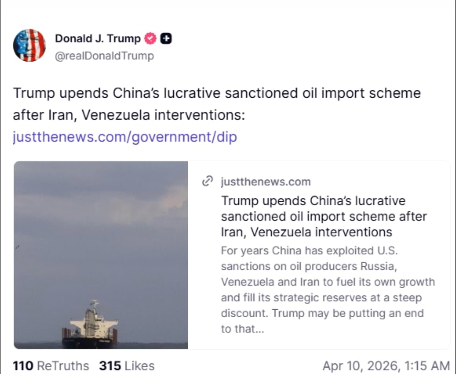 果然，川总发帖，打伊朗实际上是针对中共：

在伊朗、委内瑞拉干预后，川普终结了中国利润丰厚的购买被制裁国家便宜石油的经济模式。多年来，中国一直利用美国对产油国俄罗斯、委内瑞拉和伊朗的制裁来推动自身增长...