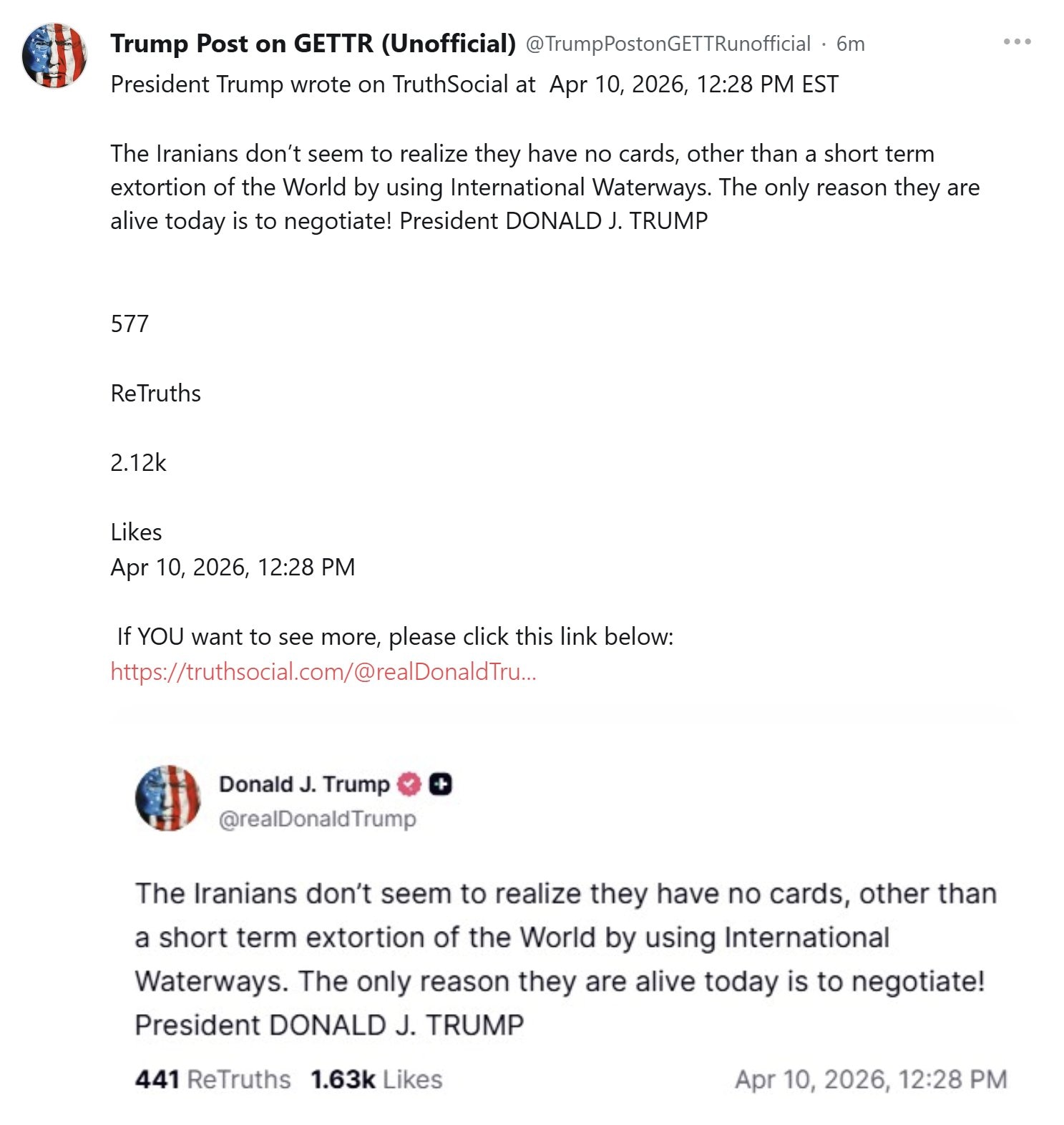 【美国之声】2026年4月10日副总统万斯启程赴巴基斯坦与伊朗谈判后，川普总统发小作文： 

“伊朗人似乎没有意识到，他们其实已无任何筹码，除了利用国际水道对世界进行短期勒索之外别无他法。他们今天之所...