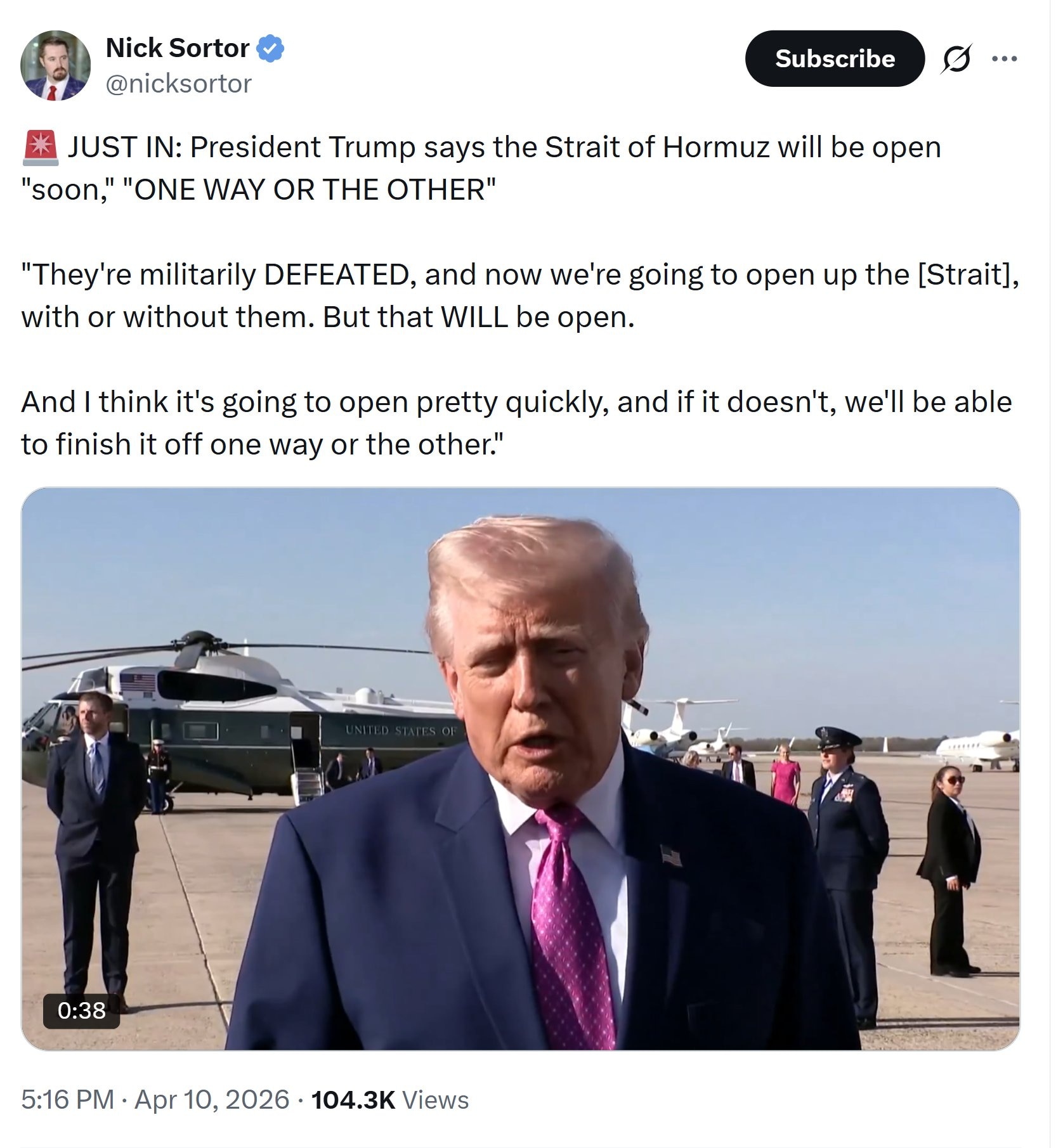 【美国之声】2026年4月10日川普总统： 

霍尔木兹海峡将很快恢复通行，“无论用什么方式”。  

伊朗在军事上已被击败。现在，我们将重新开放这条海峡——不管他们是否配合。霍尔木兹海峡一定会重开。...