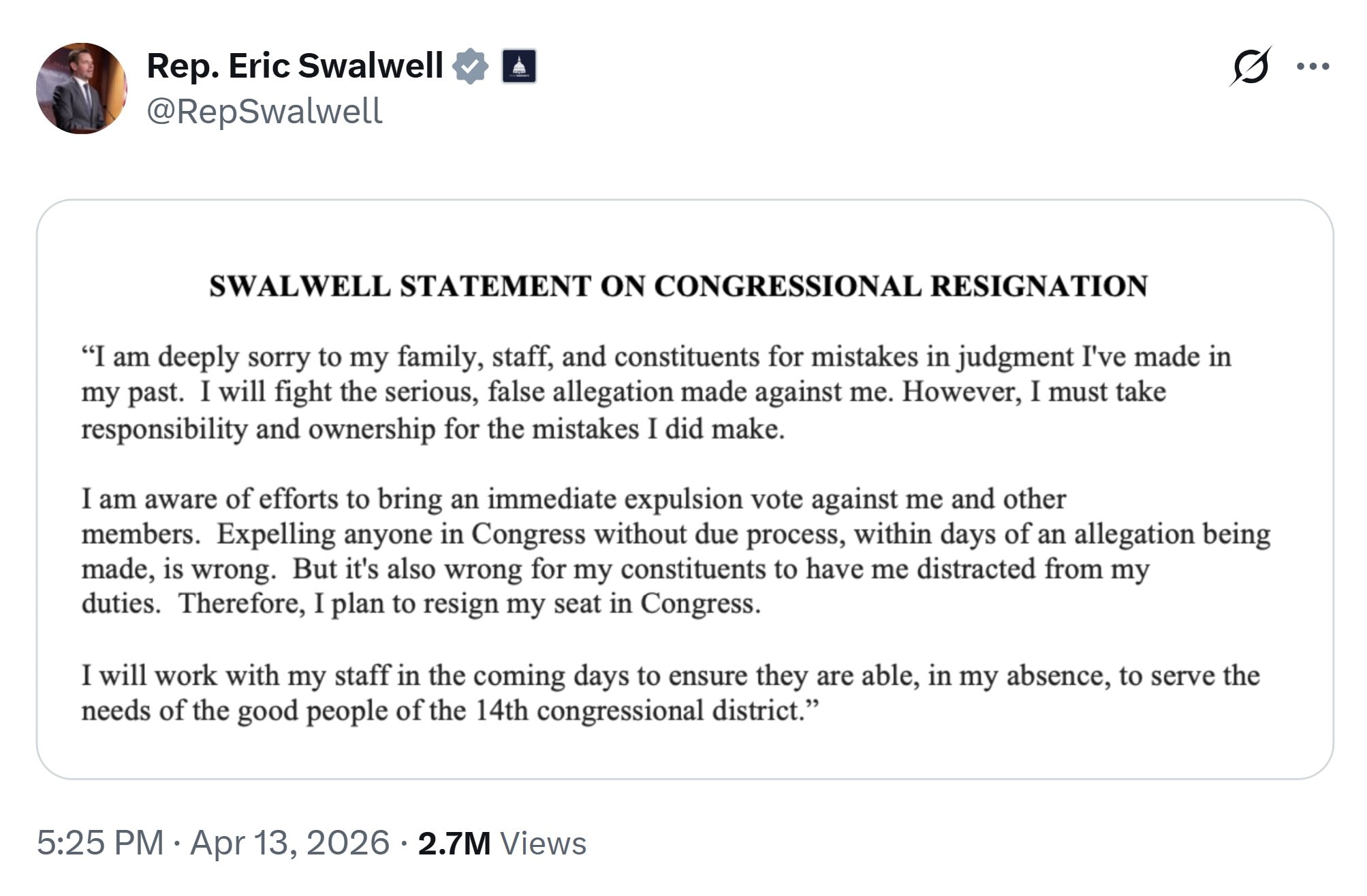 【美国之声】2026年4月13日，来自加州的联邦众议员 埃里克·斯沃韦尔（Eric Swalwell）发布声明，宣布将从众议院辞职。

前一天的4月12日，他已宣布退出加州州长竞选。

斯沃韦尔因与方...