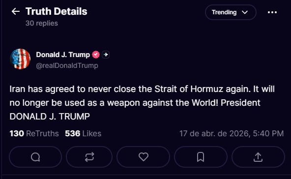 🇺🇸📞🇮🇷 — 美国总统唐纳德·J·特朗普表示，伊朗已同意永不再关闭霍尔木兹海峡：
伊朗已同意永不再封锁霍尔木兹海峡。它将不再被用作对抗世界的武器！——唐纳德·J·特朗普总统