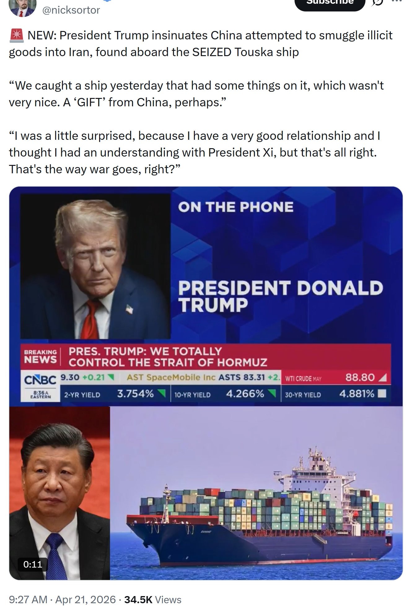 【美国之声】2026年4月21日川普总统：

“我们昨天截获了一艘船，船上有些不是什么好东西。是中共国送来的‘礼物’吧。

我有点意外，因为我和习主席关系一直很好，我本以为我们彼此有默契。不过没事，战...