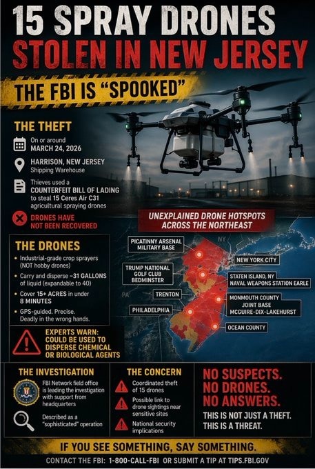 https://x.com/JackDangerLIVE/...
THIS SHOULD TERRIFY EVERY AMERICAN

15 INDUSTRIAL SPRAY DRONES…
STOLEN.
NOT RECOVERED.
AND THE FBI IS “SPOOKED.”

Let that