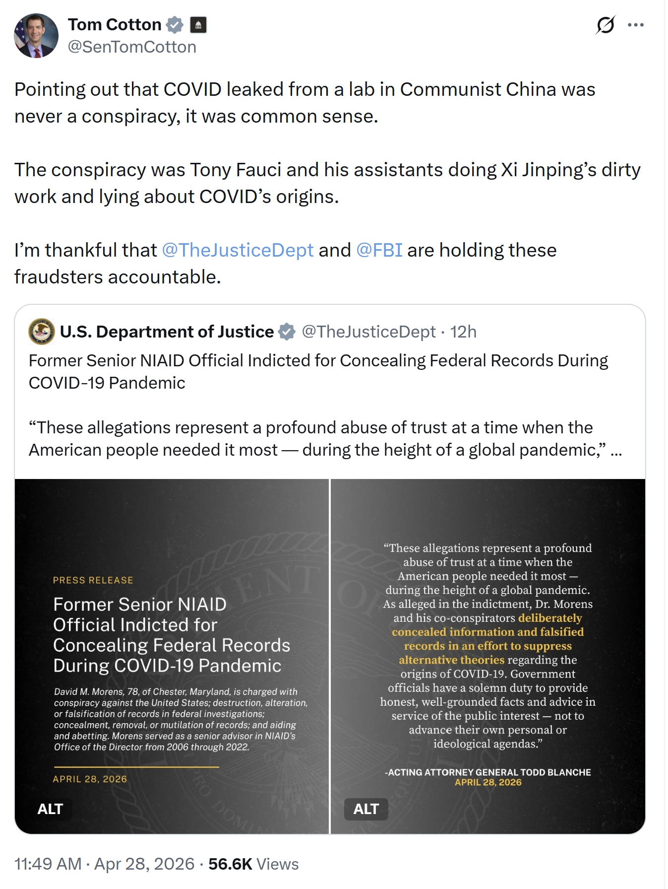 【美国之声--真正的阴谋】2026年4月28日，美国参议院情报委员会成员、参议员汤姆·科顿（Tom Cotton）：

“指出COVID是从中共实验室泄漏出来的，从来不是什么阴谋论，而是常识。

真正...