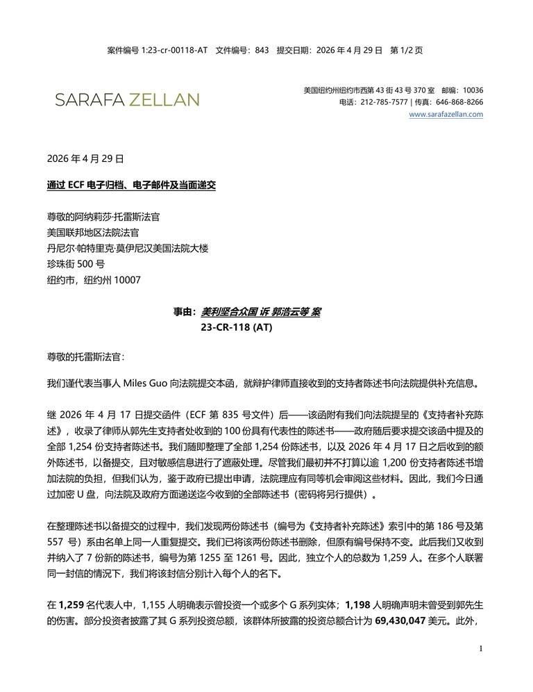 【美国之声--法庭文件843：所有支持者陈述中的关键数据】2026年4月29日辩方律师提交文件843，告知法庭：辩护律师团队已完成整理所有支持者陈述，并通过加密U盘递交给法院及政府。最终独立个人总数为...