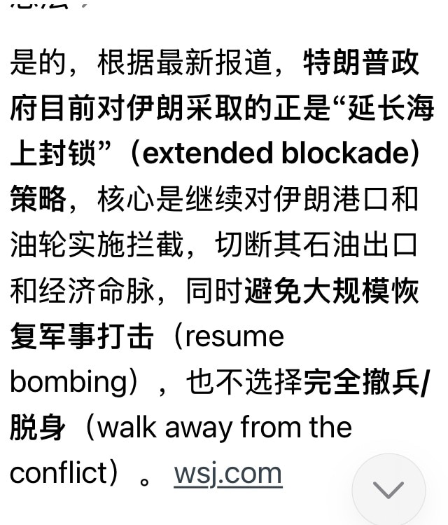 华尔街日报报道，川普准备对伊朗采取长期封锁的政策，既回避了大规模军事打击的风险，又不撤兵，让伊朗经济崩溃。不过有中共在，树欲静而风不止，中共会支持伊朗主动对美军发动饱和式军事打击，如果美军死亡增加，川...