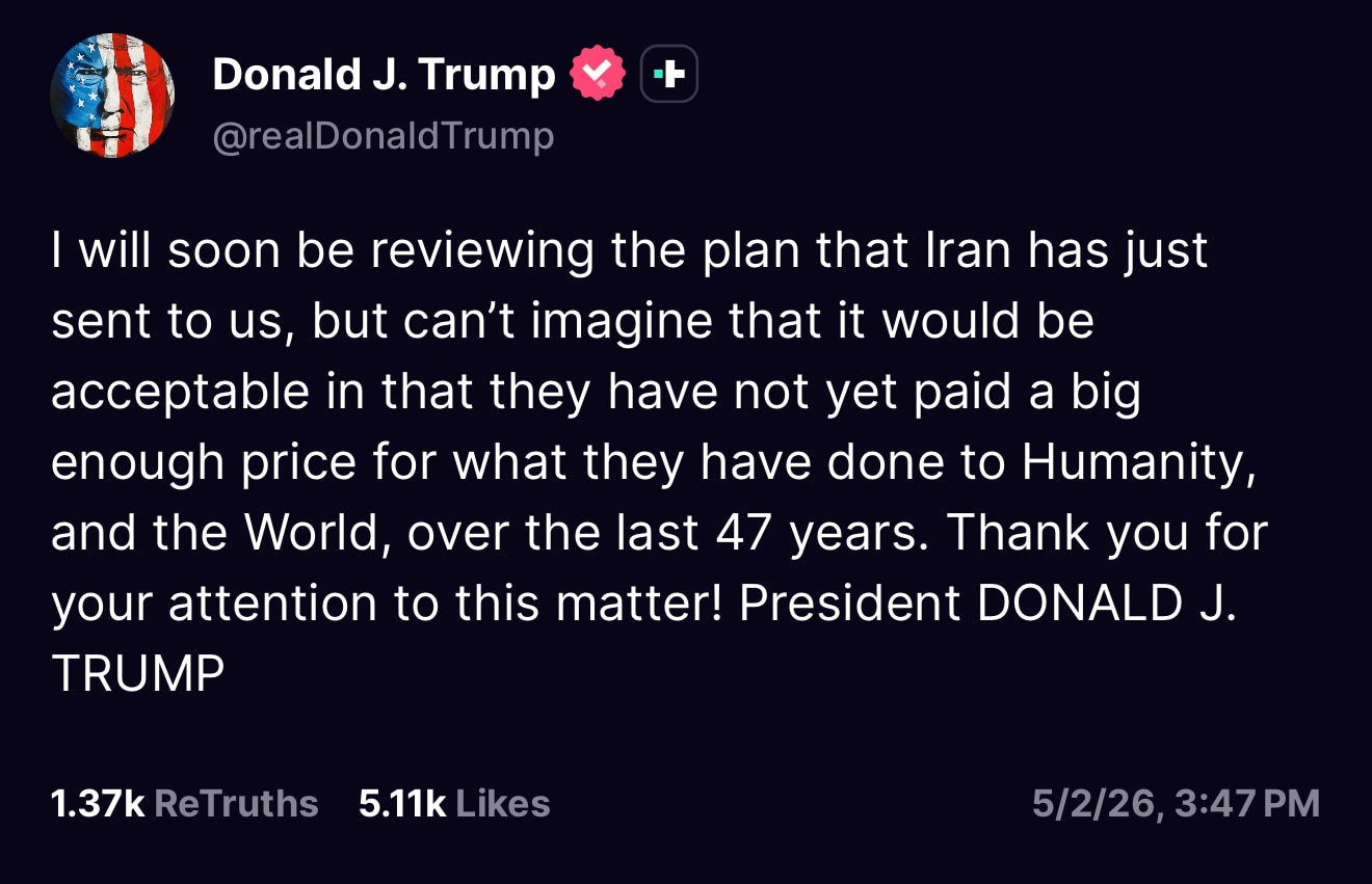 TRUMP: I will soon be reviewing the plan that Iran has just sent to us, but can’t imagine that it wo...
