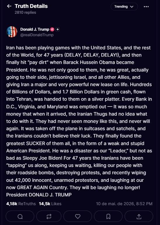 🇺🇸❌🇮🇷 — 美国总统唐纳德·J·特朗普表示，“伊朗领导人很快就会笑不出来了”，并誓言要对伊朗伊斯兰共和国实施“最终解决方案”：

伊朗与美国和世界其他国家玩弄政治游戏长达 47 年（拖延，...