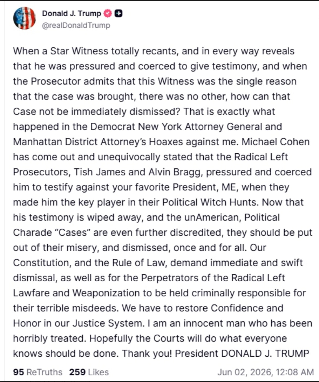川普总统发文，他的封口费案关键证人迈克尔·科恩 （Michael Cohen） 站出来明确表示，他受到压力和胁迫作证，检察官承认这位证人是提起此案的唯一原因，这件案件应该被驳回（dismiss）。川总...