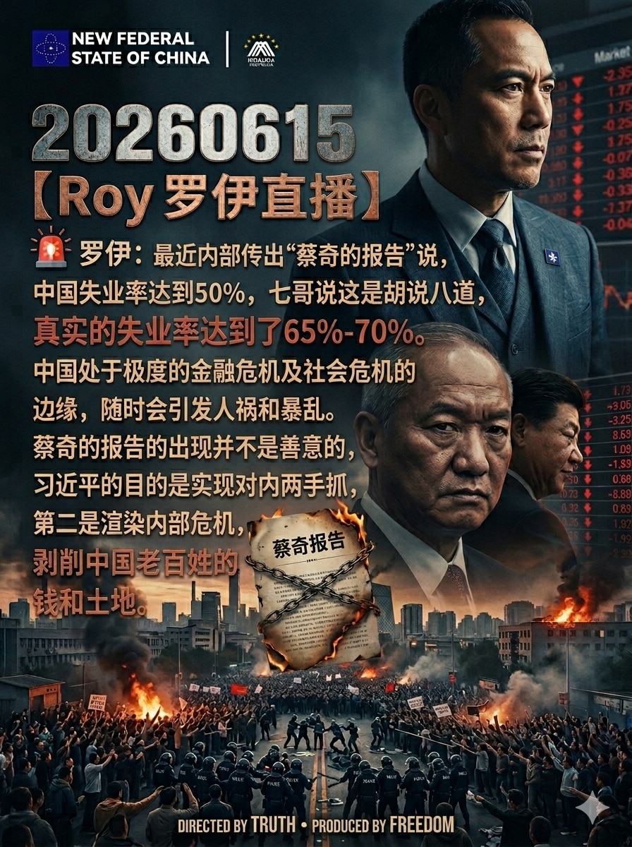 20260615【Roy 罗伊直播】

﻿🚨﻿ 罗伊：最近内部传出“蔡奇的报告”说，中国失业率达到50%，七哥说这是胡说八道，真实的失业率达到了65%-70%。中国处于极度的金融危机及社会危机的边缘...