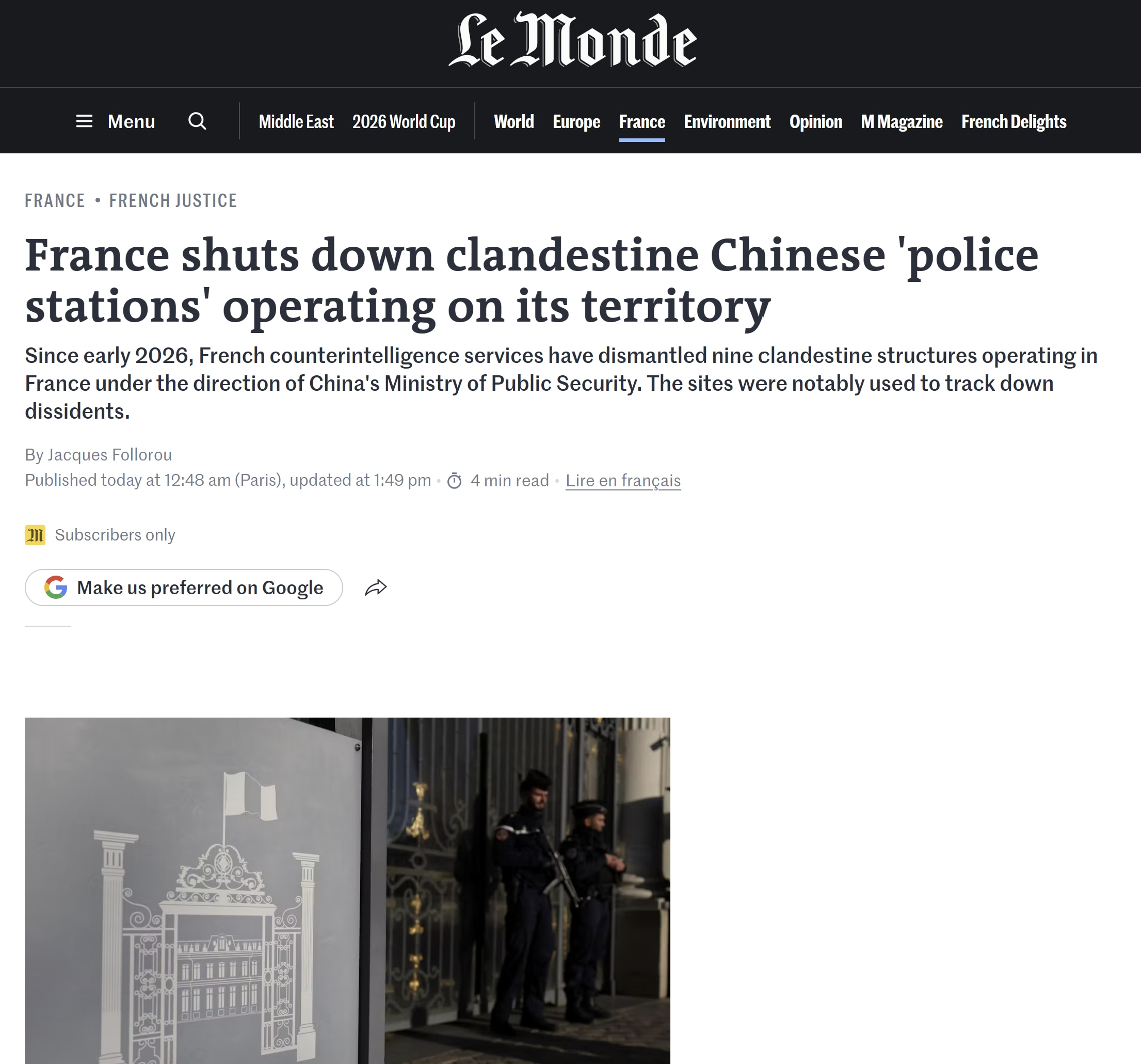 【美国之声--法国拆除在其境内秘密运作的中共警察局】2026年6月18日《世界报》2026年初，法国反情报部门经过一年调查，拆除了9个在法国境内秘密运作的中共警察局，并驱逐了3名中国籍负责人，其中2人...