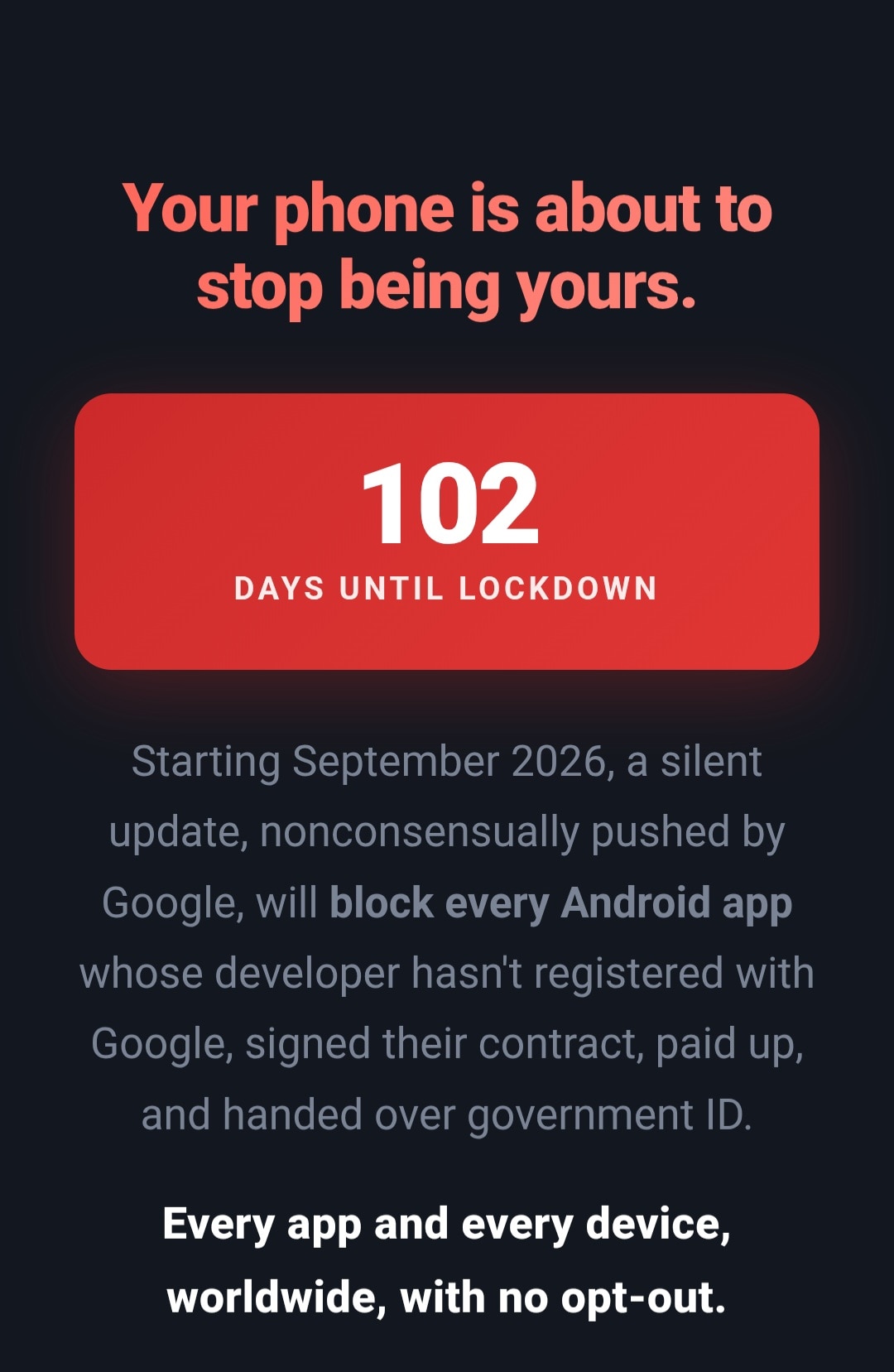 Every app and every device, worldwide, with no opt-out.
https://keepandroidopen.org/
.
Solutions htt...