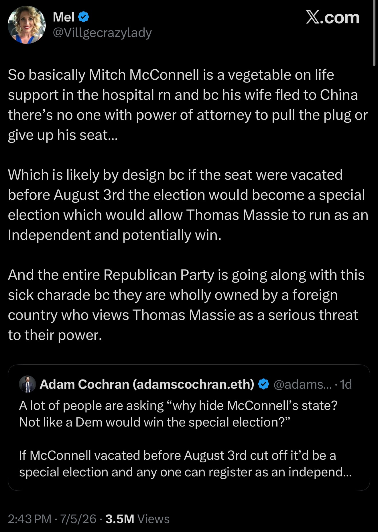 There are claims that McConnell remains in office to avoid triggering a special election that could ...