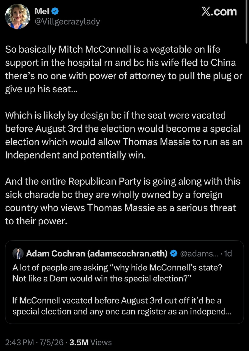 There are claims that McConnell remains in office to avoid triggering a special election that could ...