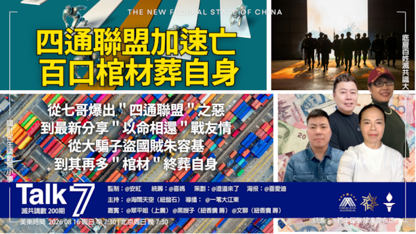 Talk 7 第200期
主題：四通聯盟加速亡 百口棺材葬自身
主持：海闊天空
嘉賓：澄道來了 文聊
海報：喜愛迪
導播：一苇大江東
播出：每周日美東時間早上7:30-8:30