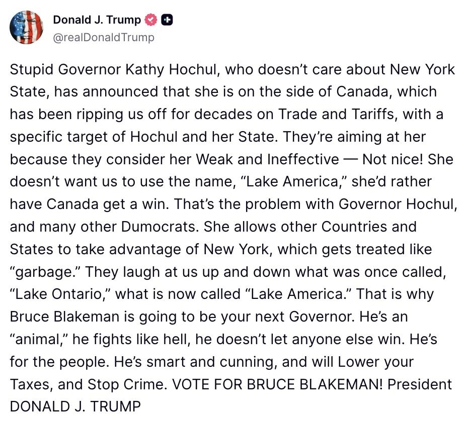 President Trump TORCHES “STUPID” Kathy Hochul for REFUSING to use the name Lake America instead of L...