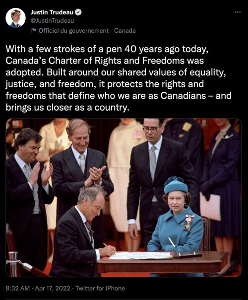 Tone-deaf Canadian Prime Minister Justin Trudeau celebrates the 40th anniversary of the Charter of R...