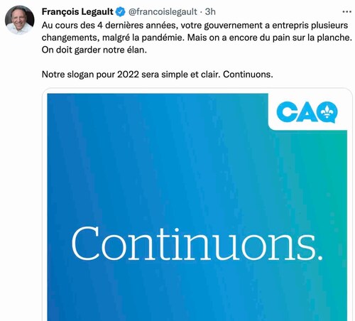 Le slogan de campagne électorale caquiste est: "Continuons."... avec un ".", à la fin!

https://twit...