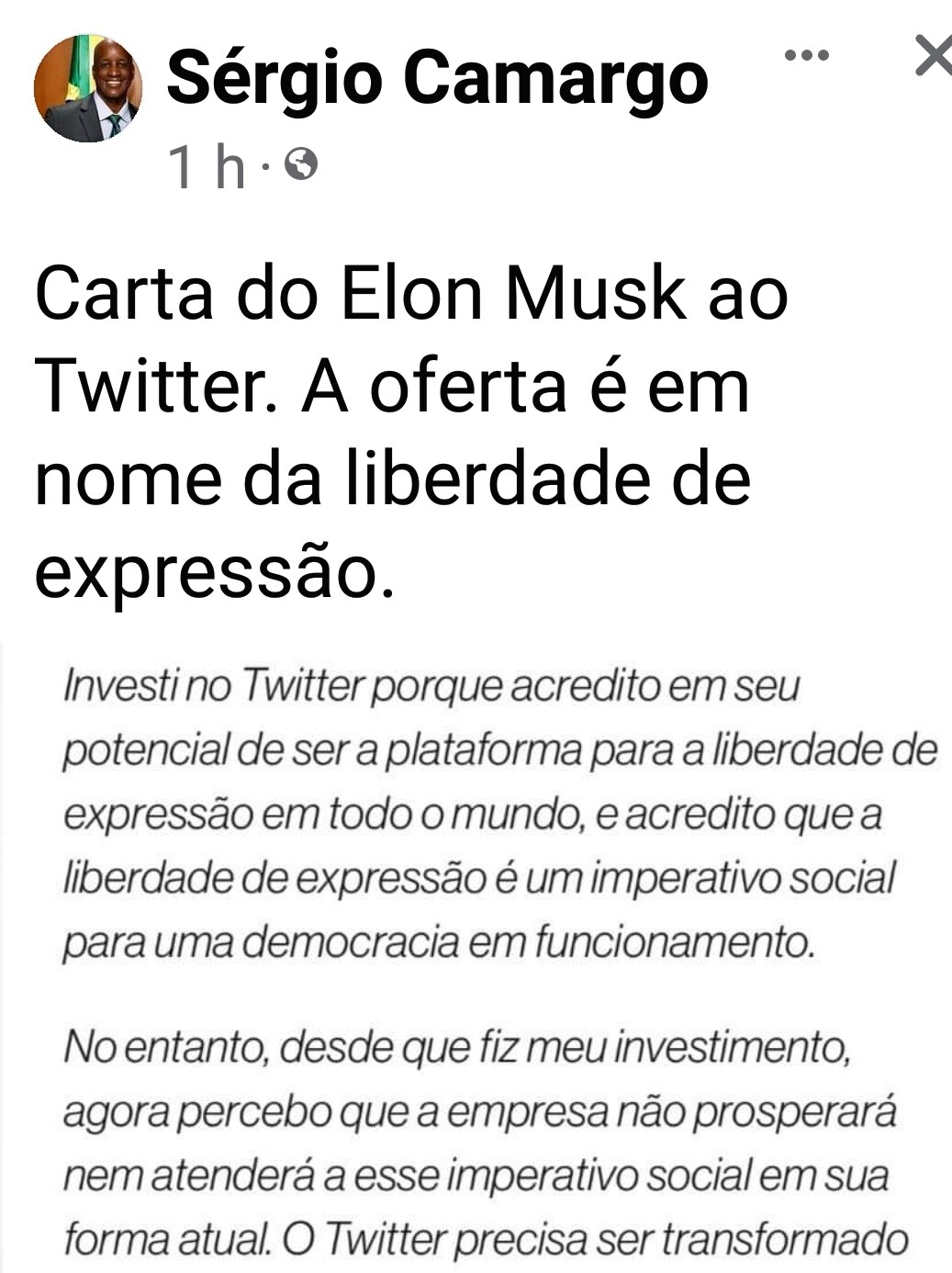 Carta do Elon Musk ao Twitter. A oferta é em nome da liberdade de expressão. 

