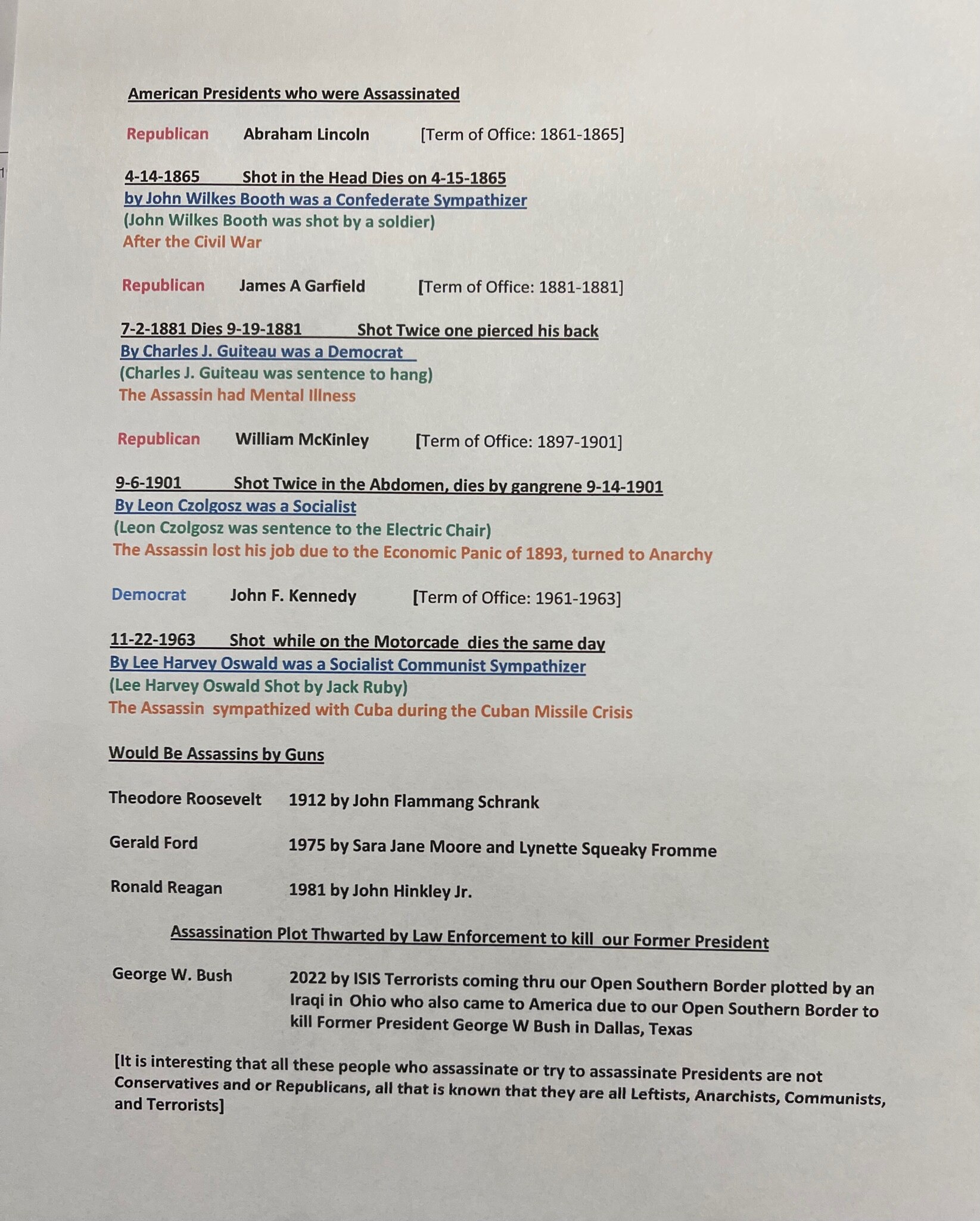 Delved into history about Assassinations and Assassination Attemps on Past Presidents of the United States of America 🇺🇸 and the Assassins or Would be Assassins we’re not Conservatives and or Republicans, the Assassins and Would be Assassins were Leftists, Socialists, Communists, Anarchists, and Terrorists 