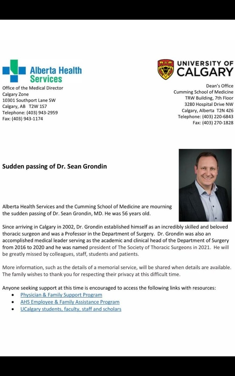 🔥 56 yo Alberta doctor "died suddenly" - Dr.Sean Grondin 🔥
AHS is "mourning" the SUDDEN PASSING of Calgary Thoracic Surgeon Dr.Sean Grondin.
It cannot