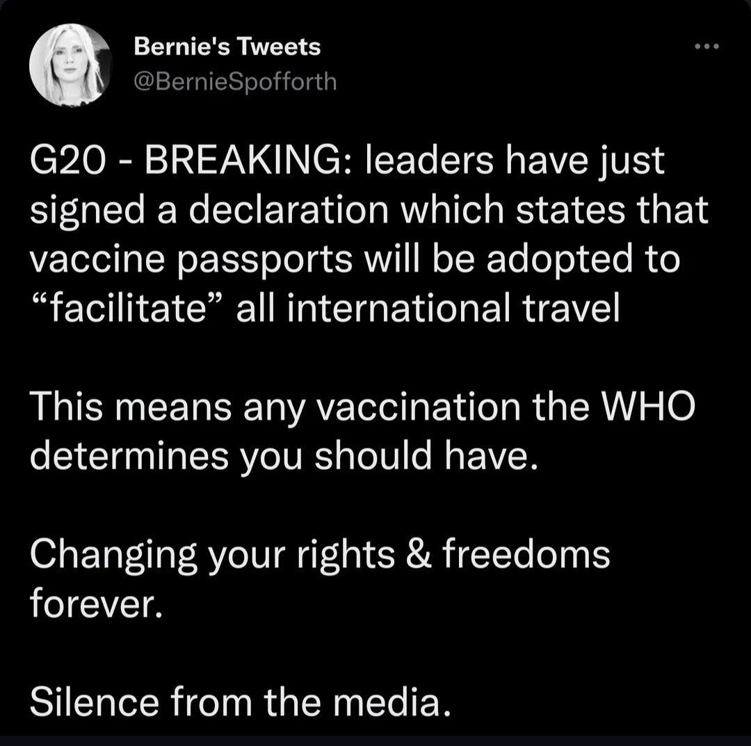 BREAKING NEWS: The G-20 have signed a proclamation that will require everyone traveling internationally to have a vaxx passport. Yes #Agenda2030 is rolling right along.