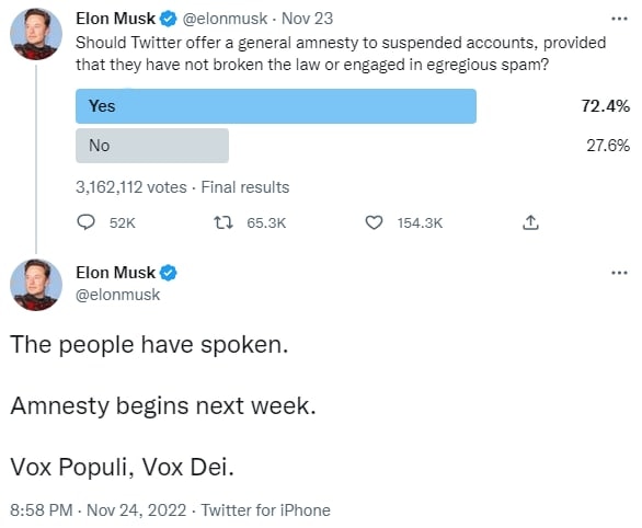 JUST IN - Elon Musk: "Amnesty begins next week."