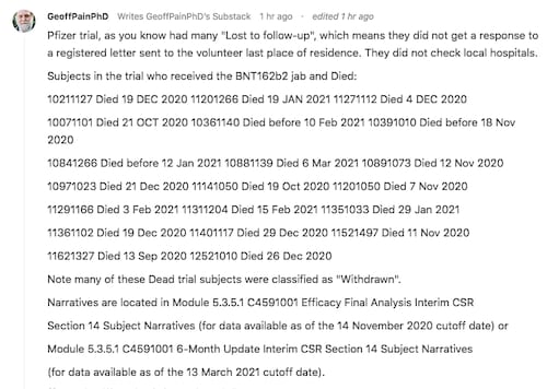 I just added a reply to Prof Norman Fenton @normanfenton and Martin Neil including my list of Pfizer Trial Deaths for those who got the shot. 💉
@chrisflowersmd @openvaet @FirstChapter @DrCartland