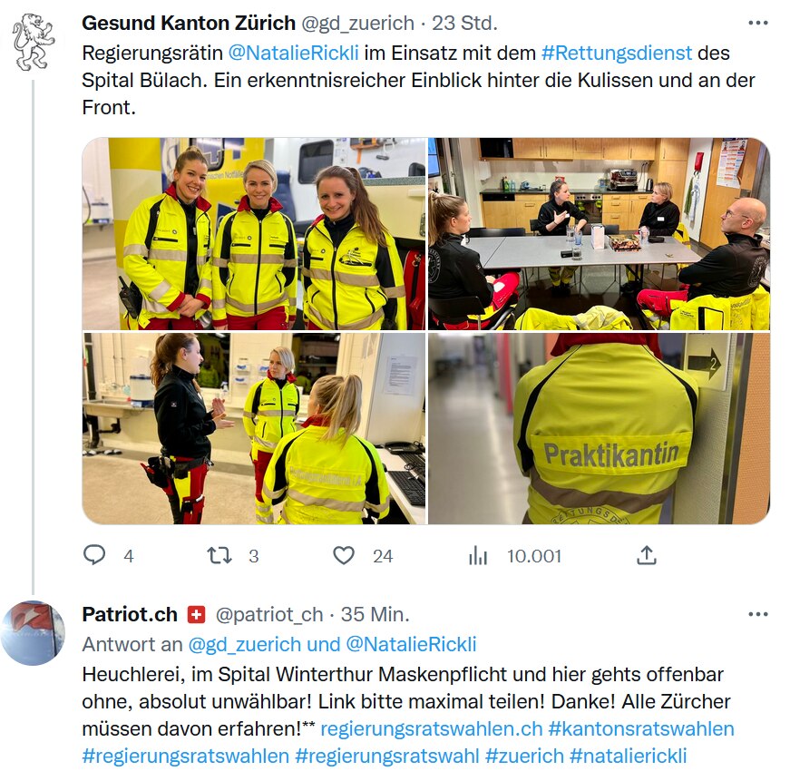 Heuchlerei, absolut unwählbar! Link bitte maximal teilen! Danke! Alle Zürcher müssen davon erfahren!** https://patriot.ch/2023/01/27/was-fuer-eine-heuchlerei-natalie-rickli-ohne-schutzmaske-im-spital-buelach #kantonsratswahlen #regierungsratswahlen #regierungsratswahl #zürich #zuerich #natalierickli #silviasteiner