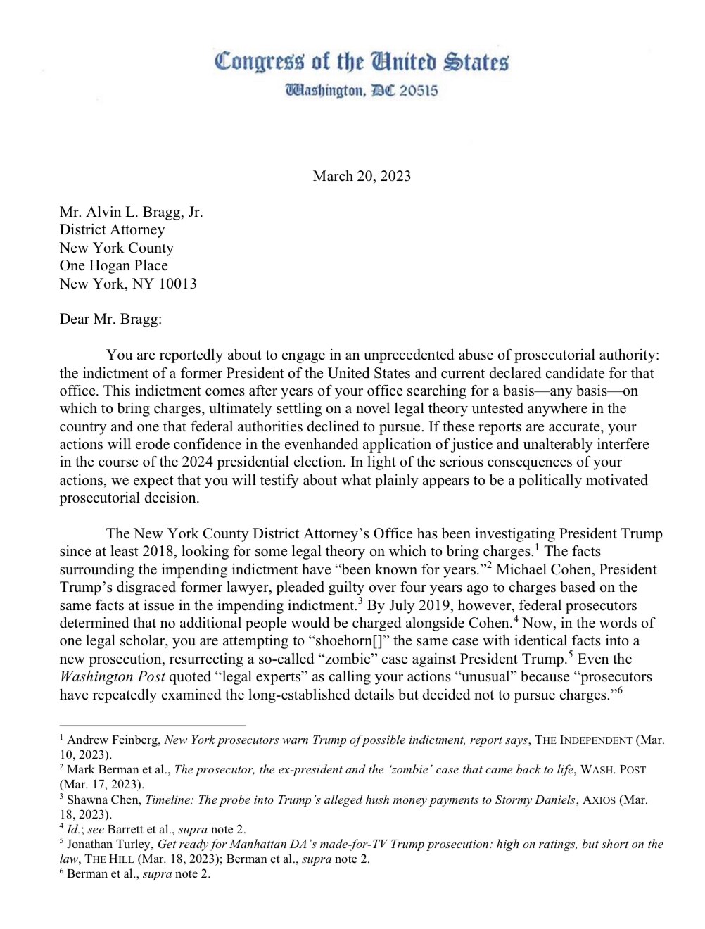 Was the Manhattan DA’s office in communication with DOJ about their investigation of President Trump...