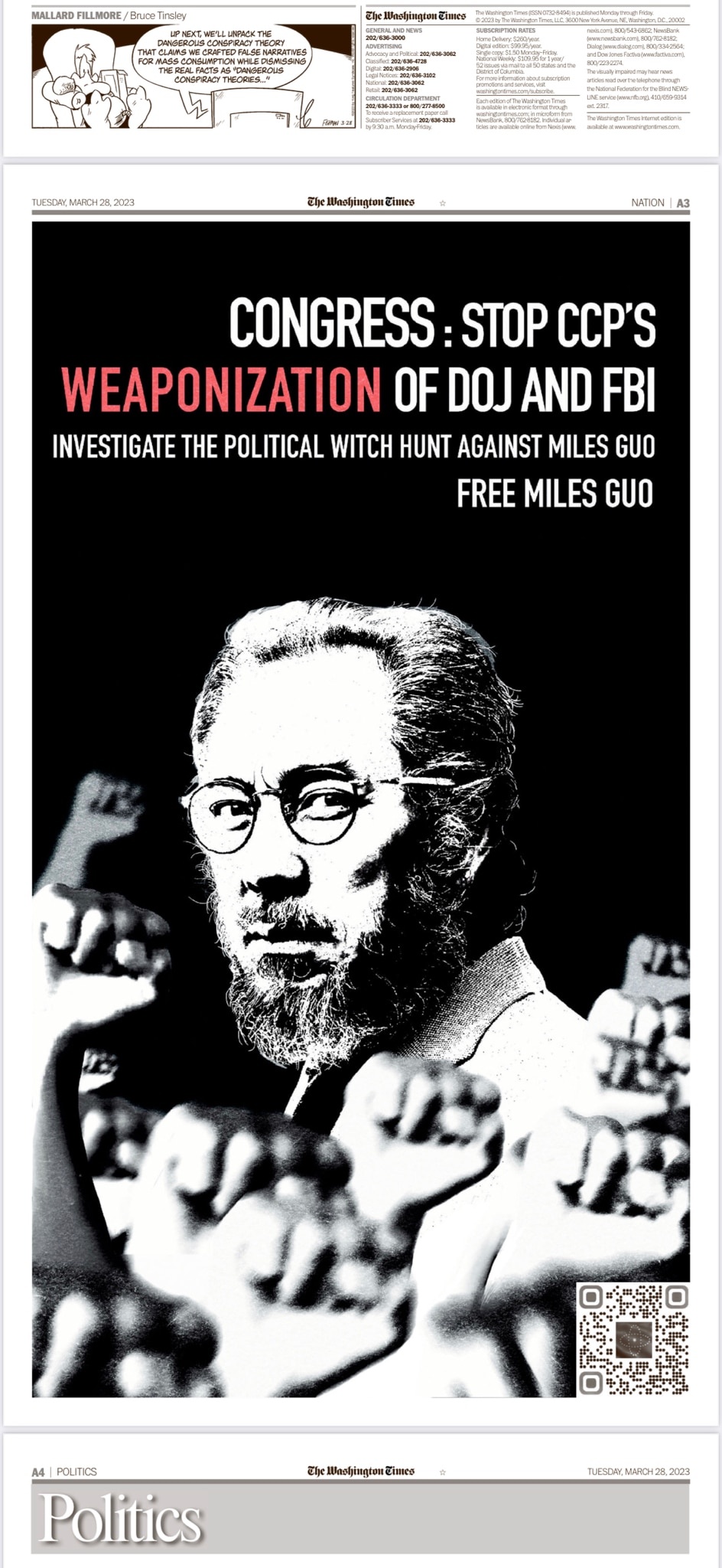 2023.03.28 ：华盛顿时报（The Washington Times) 第三页全版登刊 要求国会立刻释放Miles Guo，并且调查DOJ被CCP的渗透！

重磅！！！！🔥🔥🔥‼️‼️