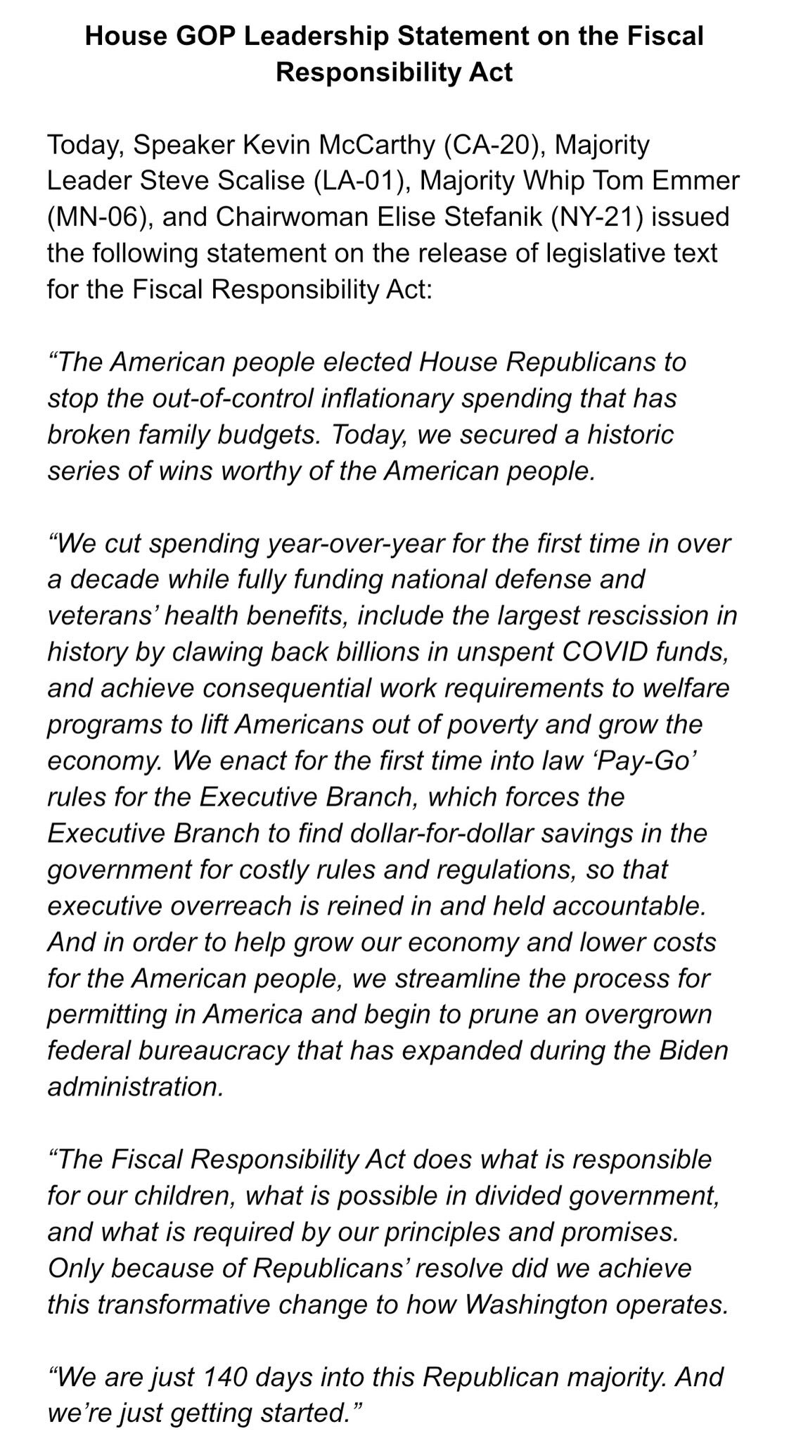 House GOP Leadership’s statement on the Fiscal Responsibility Act.