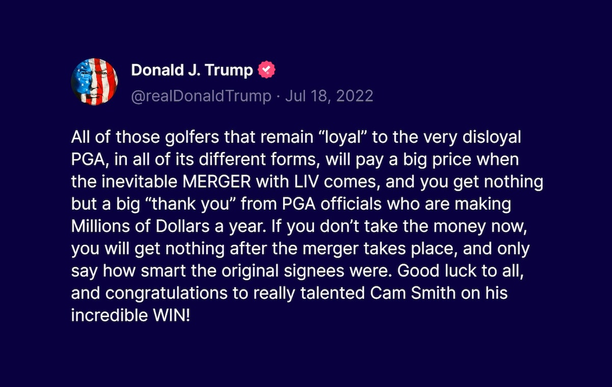 LIV and PGA Merging. Once Again, DADDY T WAS RIGHT!!!😘😘😘