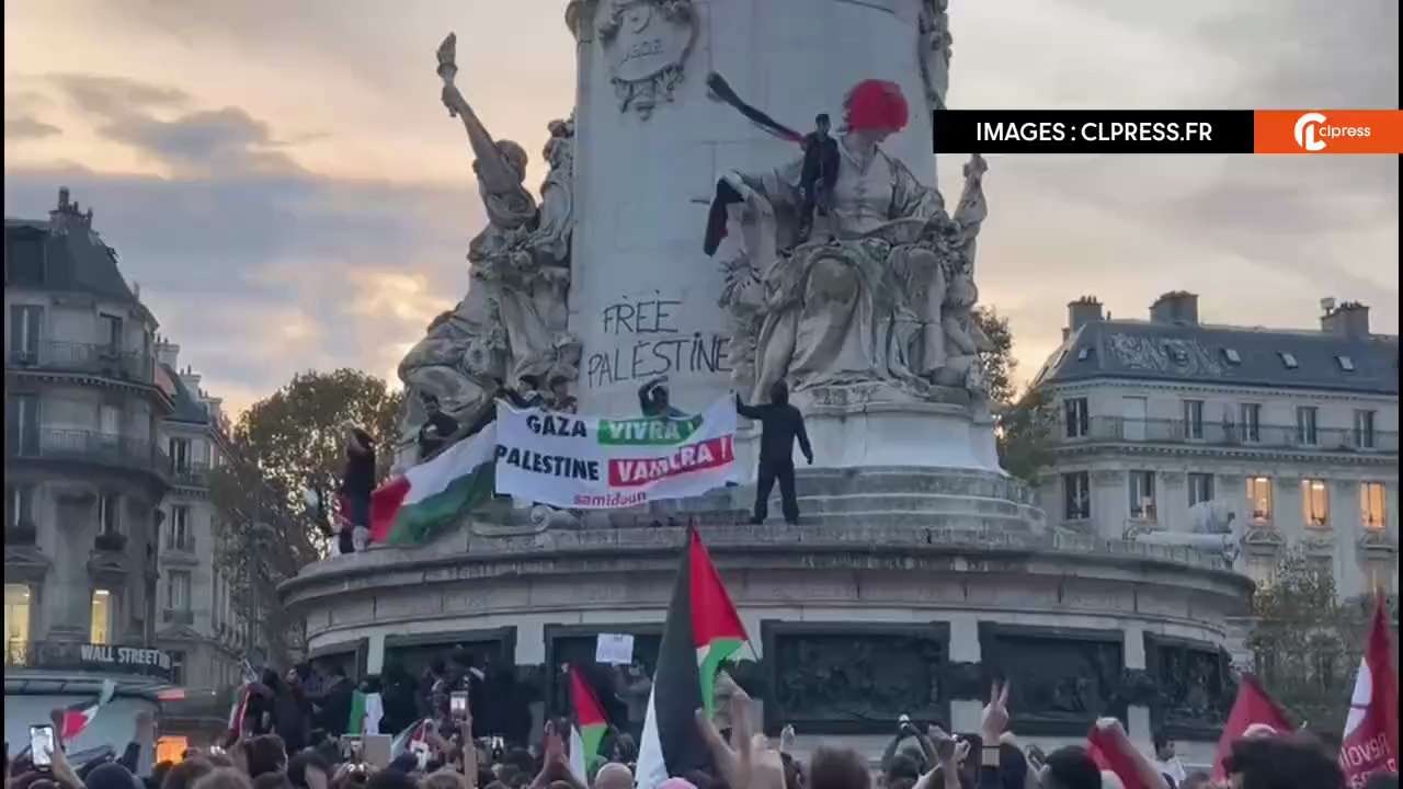 "Free Palestine" sprayed onto the statue of the republic in Paris.