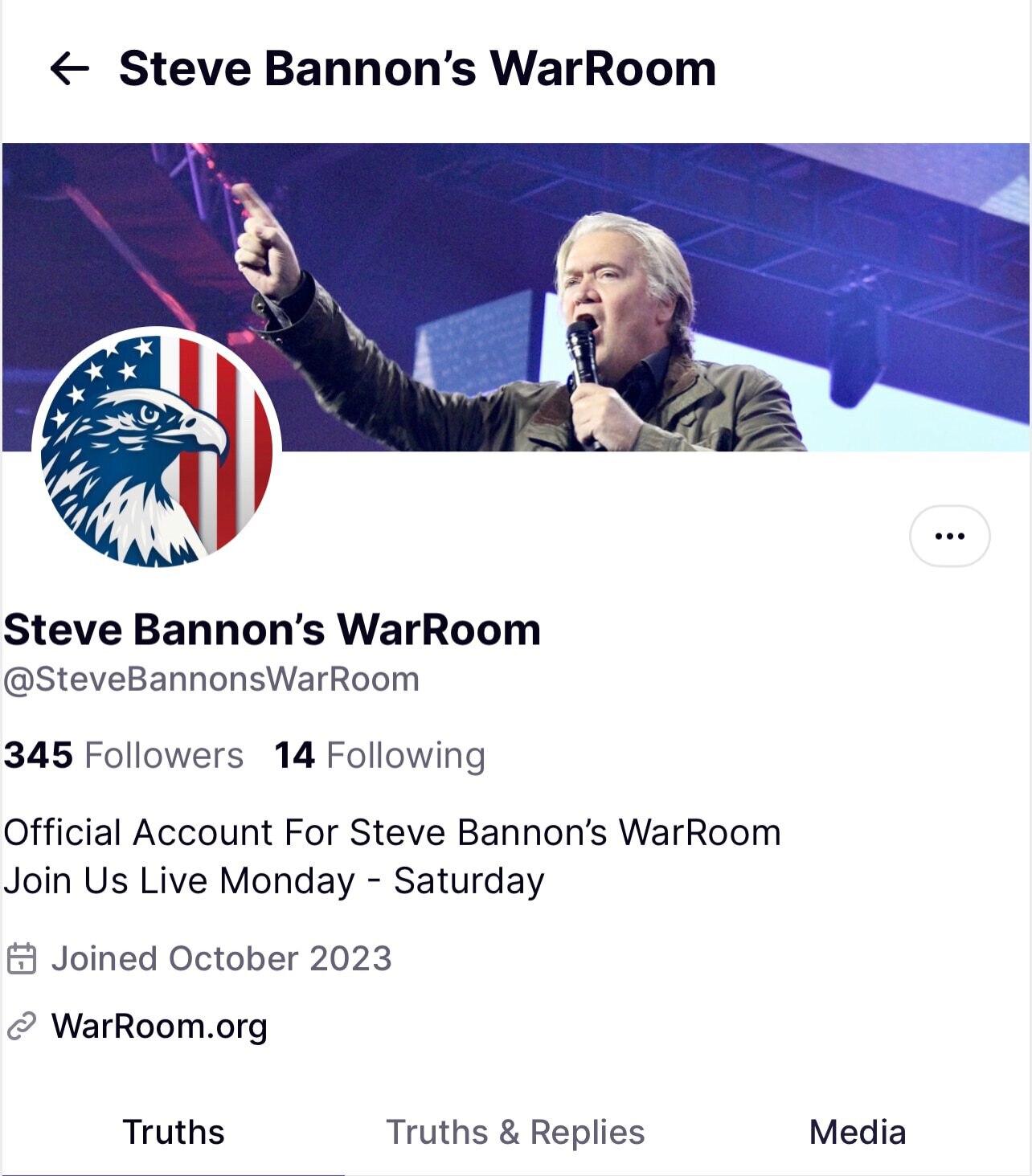 Join WarRoom on our new Truth Social account! 

https://truthsocial.com/@SteveBannonsWarRoom
