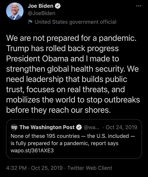 Do NOT let this tweet get memory holed. Joe Biden’s handlers made this ominous tweet in October 2019...