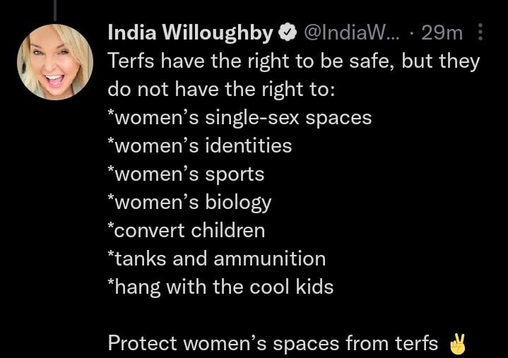 Man with pronoun says women have to right to our own identities. Trans is a hate movement.